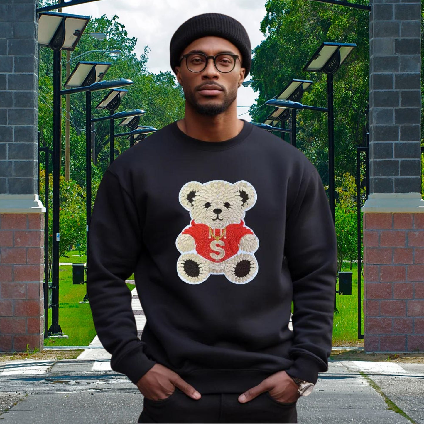 Dollar Sign Bear Sweatshirt w/Chenille Patch